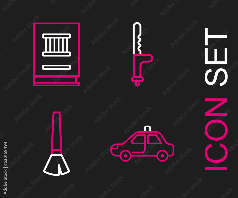 Set line Police car and flasher, Paint brush, rubber baton and Law book icon. Vector