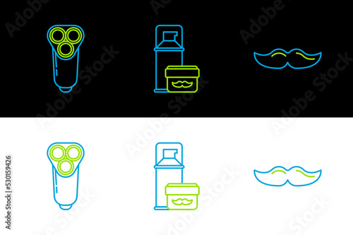 Set line Mustache, Electric razor blade for men and Shaving gel foam icon. Vector