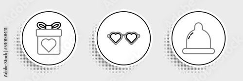 Set line Condom, Gift box with heart and Heart shaped love glasses icon. Vector