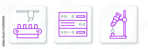 Set line Test tube flask on fire, Factory conveyor system belt and Server, Data, Web Hosting icon. Vector