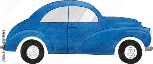 Watercolor hand drawn blue vintage car. View from side.  photo