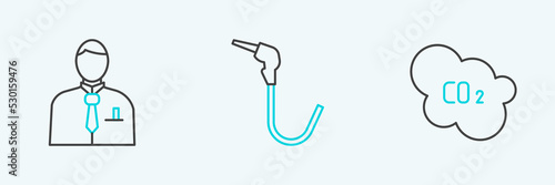 Set line CO2 emissions in cloud, Businessman or stock market trader and Gasoline pump nozzle icon. Vector