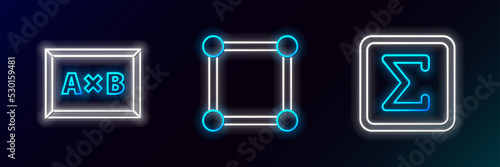 Set line Sigma symbol, Chalkboard and Geometric figure Square icon. Glowing neon. Vector