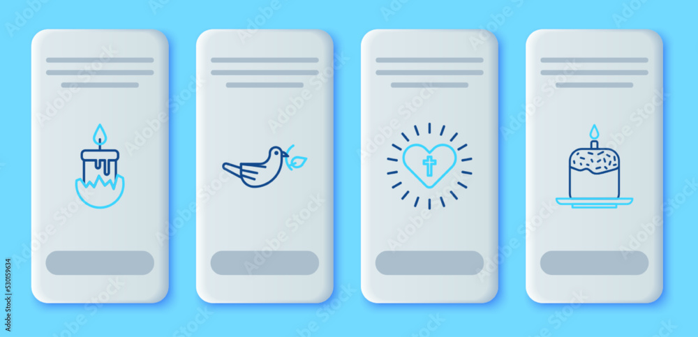 Set line Peace dove with olive branch, Christian cross and heart, Burning candle and Easter cake icon. Vector Set line Peace dove with olive branch, Christian cross and heart, Burning candle and Easter cake icon. Vector