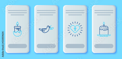 Set line Peace dove with olive branch, Christian cross and heart, Burning candle and Easter cake icon. Vector