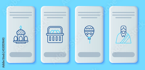 Set line Basket with easter eggs, Balloons ribbon, Easter cake and and Jesus Christ icon. Vector