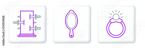 Set line Magic stone ring with gem, Trunk for magic tricks and hand mirror icon. Vector