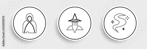 Set line Magic fog or smoke, Mantle, cloak, cape and Wizard warlock icon. Vector