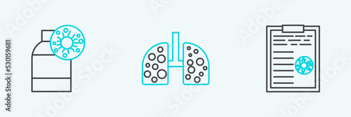 Set line Clipboard with blood test results, Bottle virus and Virus cells in lung icon. Vector