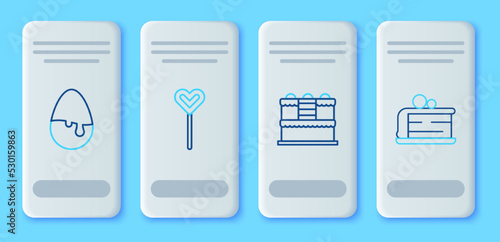 Set line Lollipop, Cake, Chocolate egg and Piece of cake icon. Vector