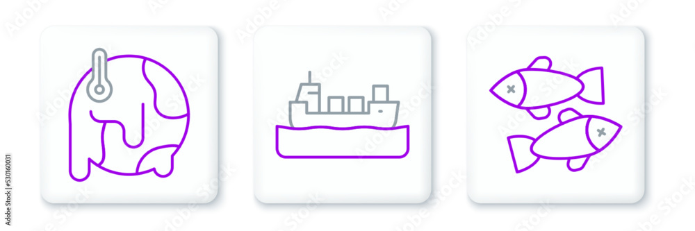 Set line Dead fish, Global warming and Oil tanker ship icon. Vector Set line Dead fish, Global warming and Oil tanker ship icon. Vector