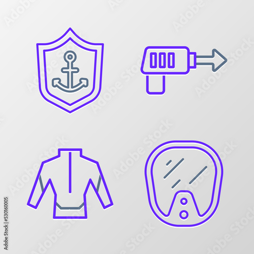 Set line Diving mask, Wetsuit, Fishing harpoon and Anchor inside shield icon. Vector