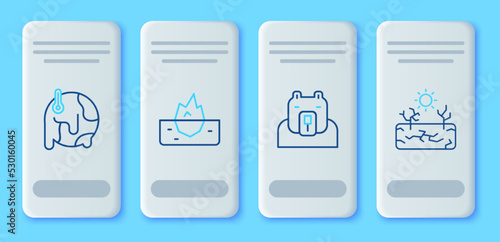 Set line Iceberg, Polar bear head, Global warming and Drought icon. Vector