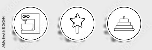 Set line Cake with burning candles, Electric mixer and Lollipop icon. Vector