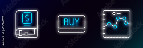 Set line Browser with growth graph, Financial book and Buy button icon. Glowing neon. Vector