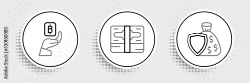 Set line Shield and money bag, Hand holding Bitcoin and Stacks paper cash icon. Vector © Oksana