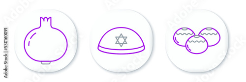 Set line Jewish sweet bakery, Pomegranate and kippah icon. Vector