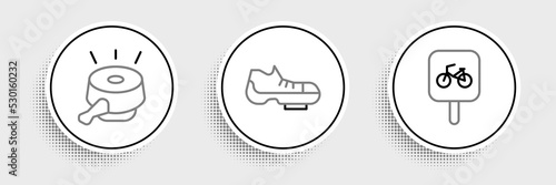 Set line Bicycle parking, bell and shoes icon. Vector