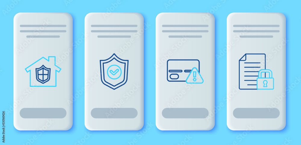 Set line Shield with check mark, Credit card, House under protection and Document and lock icon. Vector
