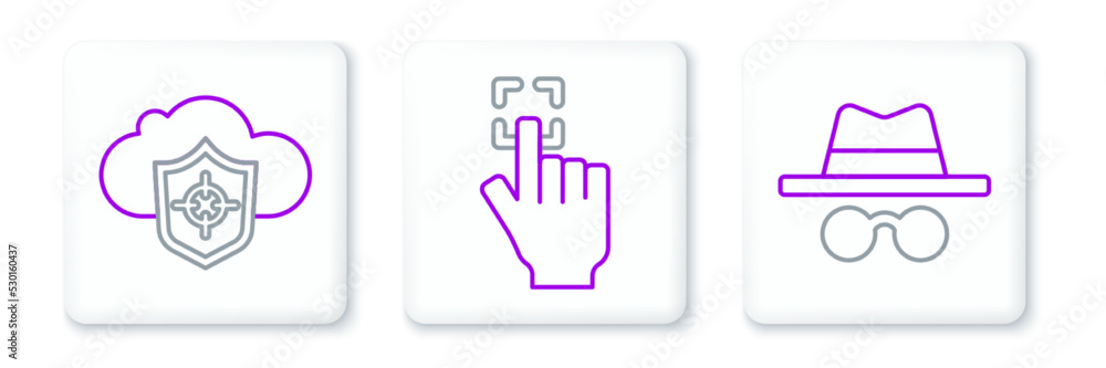 Set line Incognito mode, Cloud and shield and Fingerprint icon. Vector Set line Incognito mode, Cloud and shield and Fingerprint icon. Vector