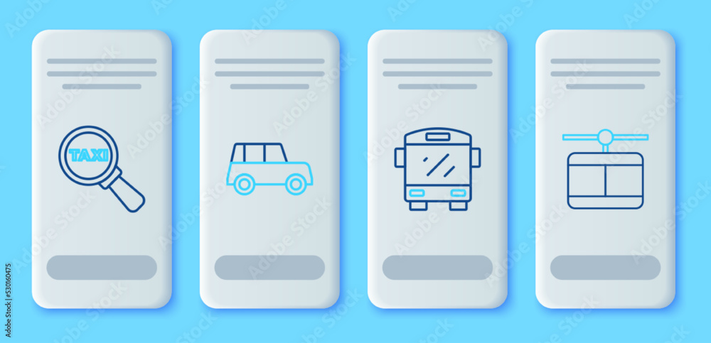 Set line Car, Bus, Magnifying glass and taxi car and Cable icon. Vector