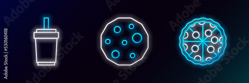 Set line Pizza, Paper glass with straw and Cookie or biscuit icon. Glowing neon. Vector