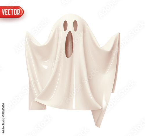 White Ghost scream and angry emotions on face decor element for Halloween holiday. Fabric ghost realistic 3d design. Cartoon horror character. Icon isolated on white background. vector illustration