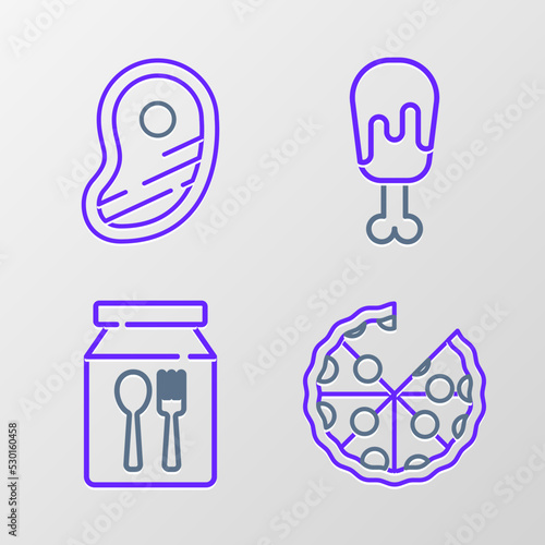 Set line Pizza  Online ordering and delivery  Chicken leg and Steak meat icon. Vector