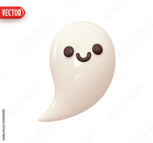Good ghost with smile on face decor element for Halloween holiday. Realistic 3d design element In plastic cartoon style. Icon isolated on white background. vector illustration