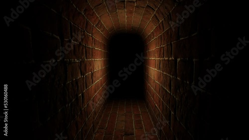 Underground secret corridor of the old castle. Movement through the underground catacombs. Looped 3d animation. photo