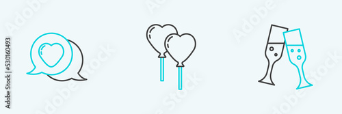 Set line Glass of champagne, Heart in speech bubble and Balloons form heart icon. Vector