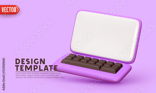Modern computer monitor with keyboard. Web page template landing page. Desktop computer screen template. Realistic 3d cartoon style design. Isolated on lilac background. vector illustration