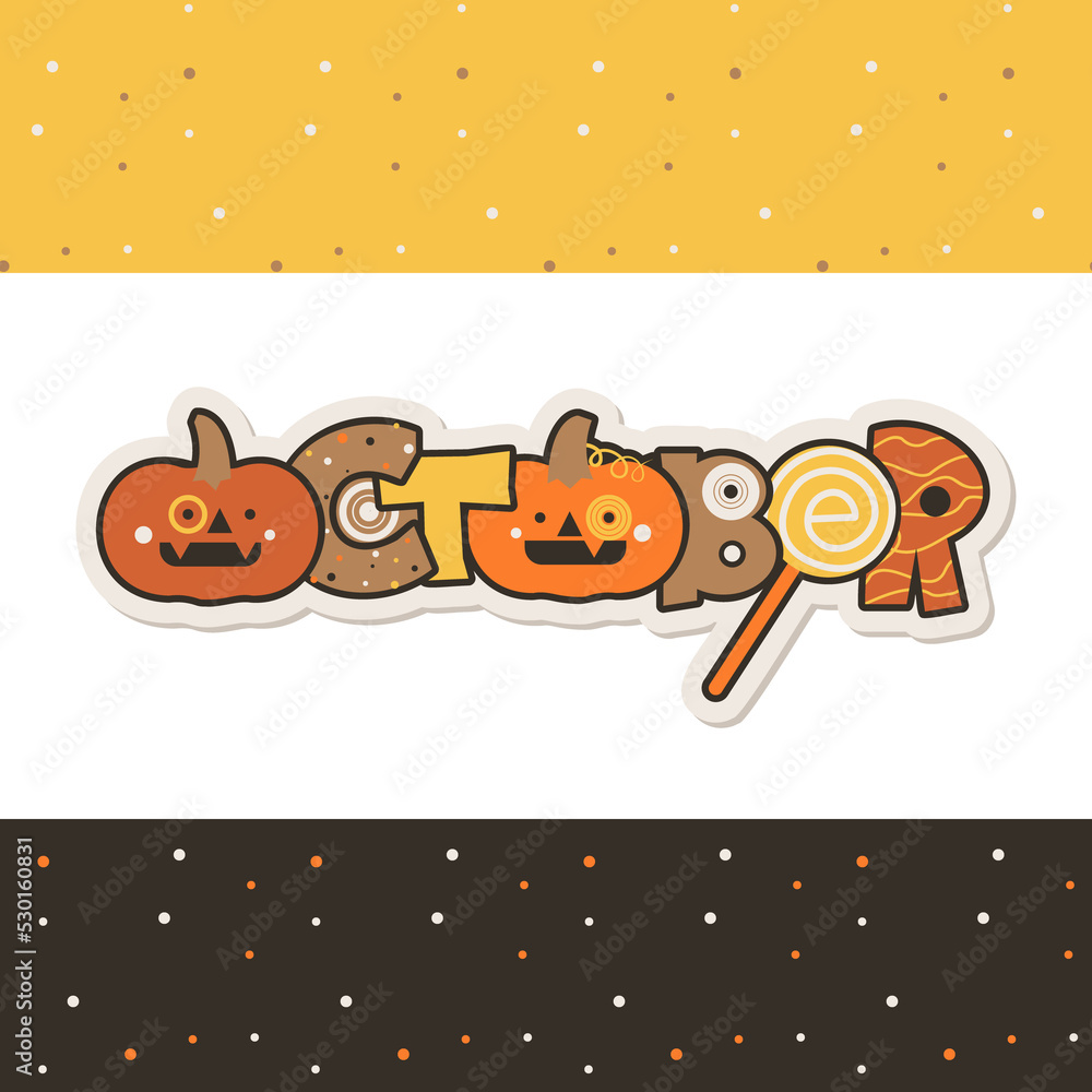 Fototapeta premium isolated inscription October with pumpkins and two patterns