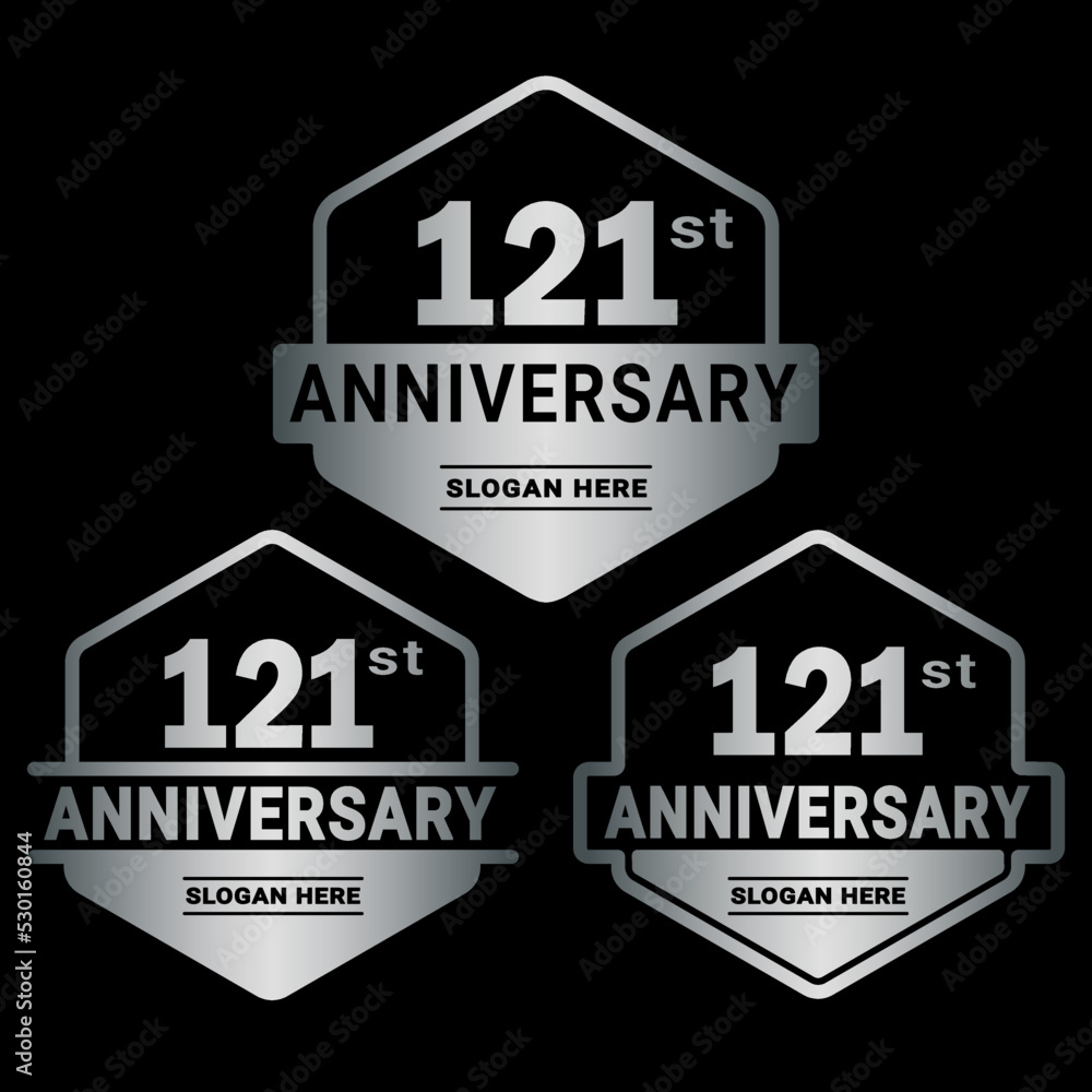 121 years anniversary celebration logotype. 121st anniversary logo collection. Set of anniversary design template. Vector and illustration.
