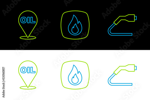 Set line Electrical cable plug charging, Refill petrol fuel location and Fire flame icon. Vector