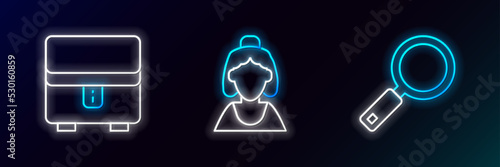 Set line Magnifying glass, Jewelry box and Consultant of jewelry store icon. Glowing neon. Vector