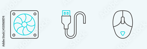 Set line Computer mouse, cooler and USB cable cord icon. Vector