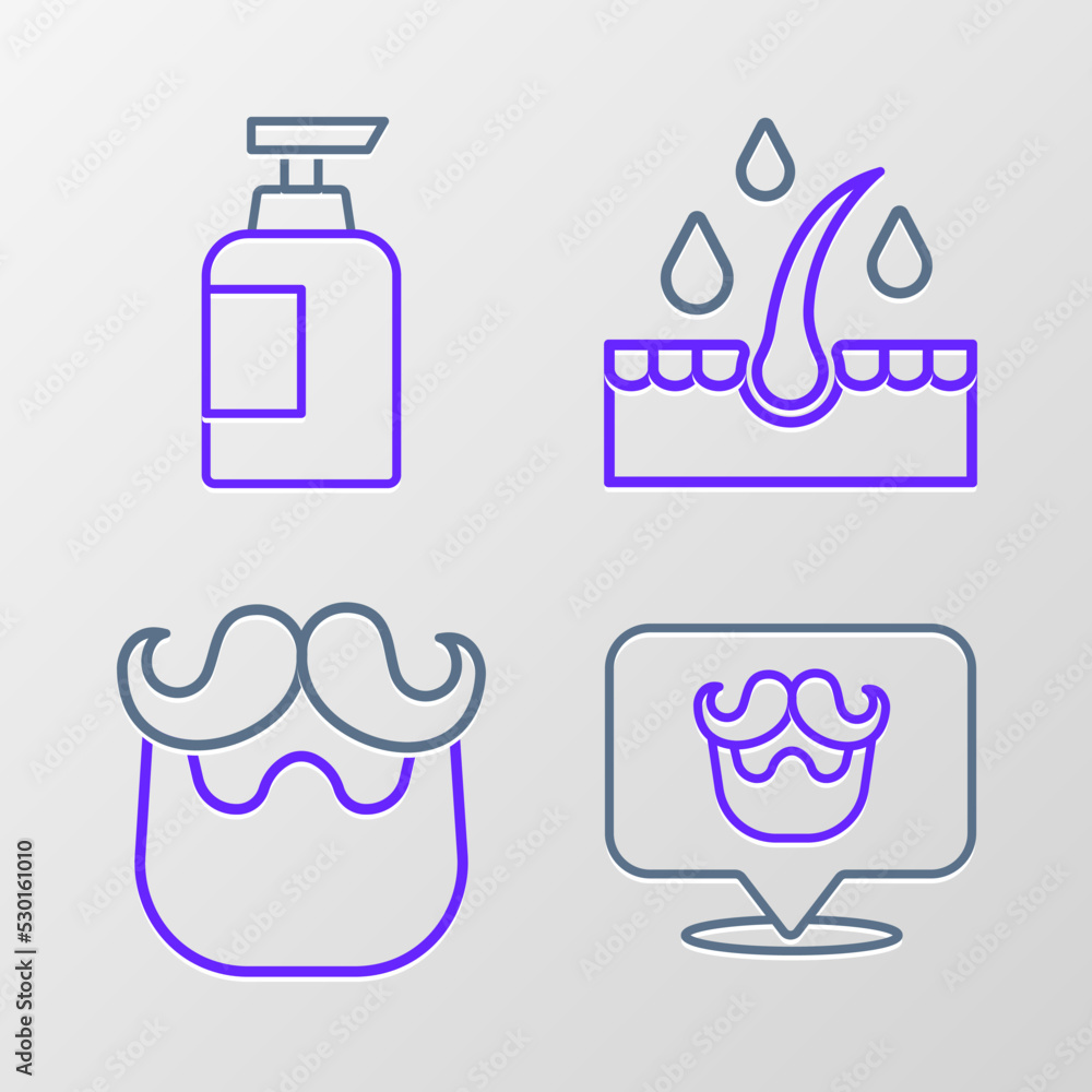Set line Barbershop, Mustache and beard, Oil for hair care treatment and Bottle of shampoo icon. Vector
