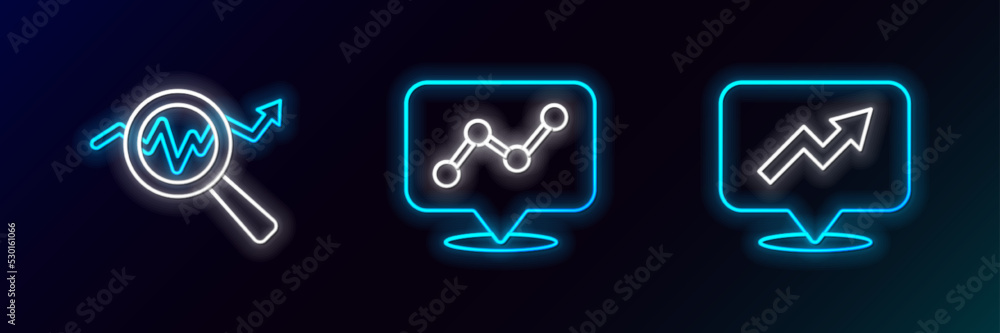 Set line Financial growth, Search data analysis and Graph chart infographic icon. Glowing neon. Vector Set line Financial growth, Search data analysis and Graph chart infographic icon. Glowing neon. Vector