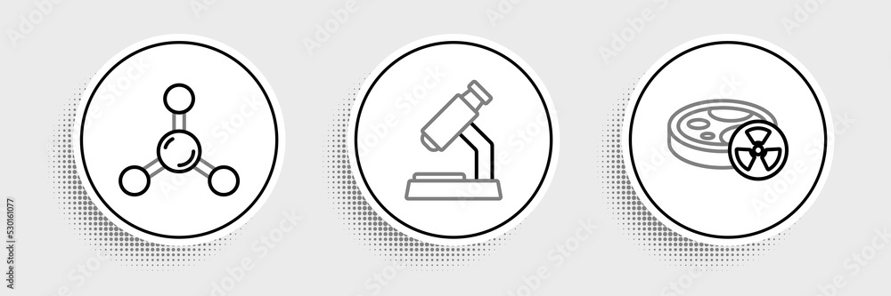 Set line Test tube with toxic liquid, Molecule and Microscope icon. Vector Set line Test tube with toxic liquid, Molecule and Microscope icon. Vector