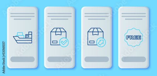 Set line ackage box with check mark, Carton cardboard, Cargo ship boxes delivery and rice tag Free icon. Vector