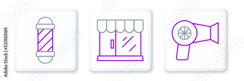 Set line Hair dryer, Classic Barber shop pole and Barbershop building icon. Vector