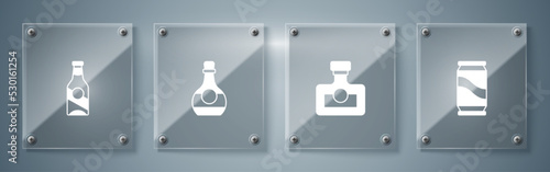 Set Beer can, Alcohol drink Rum, Bottle of cognac or brandy and bottle. Square glass panels. Vector