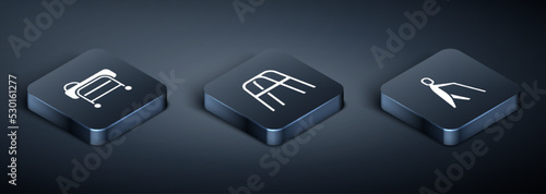 Set Isometric Stretcher, Blind human holding stick and Walker icon. Vector