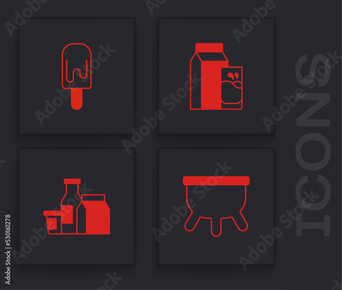 Set Udder, Ice cream, Paper package for kefir and Milk product icon. Vector