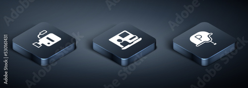 Set Isometric Cinema camera, War journalist and World news icon. Vector