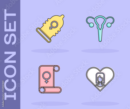 Set Heart with female, Condom, Feminism and Female reproductive system icon. Vector