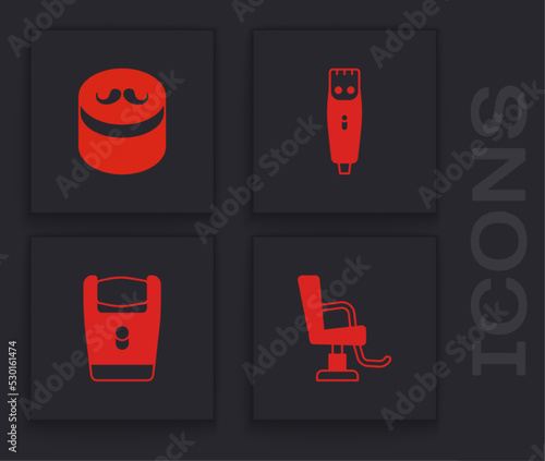 Set Barbershop chair, Gel or wax for styling, Hair clipper and Electric razor blade icon. Vector