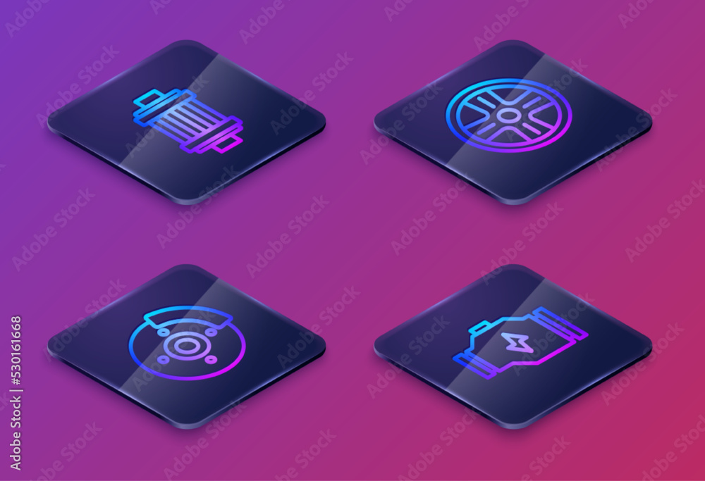 custom made wallpaper toronto digitalSet Isometric line Car air filter, brake disk with caliper, Alloy wheel and Check engine. Blue square button. Vector