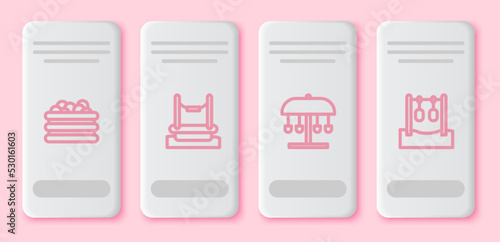 Set line Pool with balls, Bungee, Attraction carousel and Gymnastic rings. White rectangle button. Vector